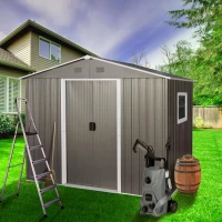 Outdoor Metal Storage Shed with Robust Construction and Sliding Doors, Outbuilding for Garden Hobbyists, 93'' L x 68.5'' W x 75'' H, Grey(m-1)