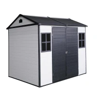 Resin Outdoor Storage Shed with Floor, Lockable Door and Windows, Outbuilding for Garden Hobbyists, 96'' L x 75'' W x 85'' H, Grey+White(m-2)