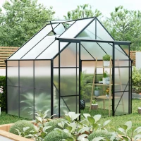 Walk-in Polycarbonate Greenhouse with Double Sliding Doors, Galvanized Base, Heavy Duty Hothouse for Plant, 94.5" L x 74" W x 89.5" H, Black(m-7)