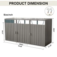 Metal Garbage Bin Shed with Doors and Lockable Handles, Trash Can Shed Perfect for Outdoor Storage, 94.5'' L x 31.5'' W x 48'' H, Grey(m-3)