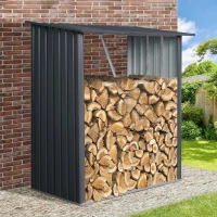 Outdoor Galvanized Steel Firewood Rack with Sloped Roof, Open Wood Shed Perfect for Firewood Storage, 64'' L x 35'' W x 60.5'' H, Black(m-8)