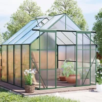 8 x 8 ft Double Door Polycarbonate Greenhouse with Raised Base, Anchor, Heavy Duty Hothouse for Backyard, 94.5" L x 98" W x 89.5" H, Green(m-7)