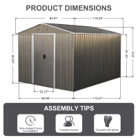 8 x 10 ft Outdoor Metal Storage Shed with Metal Foundation, Sliding Doors, Outbuilding for Garden Hobbyists, 89" L x 114.5" W x 75" H, Gray(m-3)