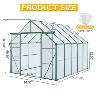 Double Door Polycarbonate Greenhouse with Galvanized Base and Adjustable Roof, Walk-in Hothouse for Plant, 94.5" L x 121" W x 89.5" H, Green(m-3)