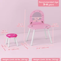 Qaba Kids Dressing Table with Mirror and Stool, Girls Vanity Set for Bedroom, Nursery, for Ages 3-6, Pink(m-3)