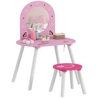 Qaba Kids Dressing Table with Mirror and Stool, Girls Vanity Set for Bedroom, Nursery, for Ages 3-6, Pink(m-11)