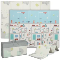 Qaba Foldable Baby Plat Mat, 77" x 58" Kids Floor Mat for Crawling and Learning, Track & Elephant Theme(m-11)