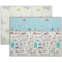 Qaba Foldable Baby Plat Mat, 77" x 58" Kids Floor Mat for Crawling and Learning, Track & Elephant Theme(m-2)