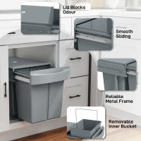 HOMCOM Pull Out Trash Can Under Cabinet, 10.6 Gallon (40L) Slide Out Garbage Can with 2 Removable Compartments, Grey(m-7)