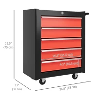 HOMCOM 5 Drawer Roller Tool Chest, Lockable Toolbox, Storage Organizer with Handle for Workshop Mechanics Garage, Black and Red(m-3)