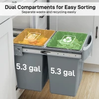 HOMCOM Pull Out Trash Can Under Cabinet, 10.6 Gallon (40L) Slide Out Garbage Can with 2 Removable Compartments, Grey(m-5)
