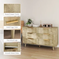 HOMCOM Fluted Chest of Drawers, Modern 6 Drawer Dresser with Pine Wood Legs, Finger Pulls for Closet, Living Room, Hallway, Oak(m-6)
