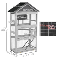 PawHut Wooden Bird Cage with Perches, Bird House, Ladder, Slide-Out Tray for Finches, Parakeets, Small Birds, Grey(m-3)