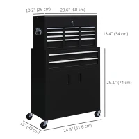 HOMCOM 6-Drawer Rolling Tool Chest, 2 in 1 Lockable Storage Cabinet with Hooks, Metal Tool Box for Garage, Workshop, Black(m-3)