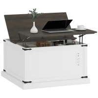 HOMCOM Lift Top Coffee Table with Charging Station, Square Farmhouse Center Table with Hidden Storage, White Wood Grain(m-11)