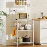 HOMCOM Kitchen Baker's Rack with Power Outlet, Coffee Bar Station with Adjustable Shelves and Hooks, Distressed White(m-8)