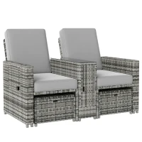 Outsunny 5PC Wicker Patio Lounger, Outdoor PE Rattan 5-level Adjustable Recliner Sofa Bed with Storage Side Table and Footstools, for Patio, Garden, Poolside, Grey(m-2)