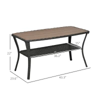 Outsunny Outdoor Patio PE Rattan Coffee Table with Storage Shelf, Wicker Side Table with Wood-Plastic Composite Top, Mixed Brown(m-3)