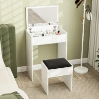HOMCOM Modern Vanity Set with Makeup Table and Cushioned Stool, Dressing Table with Flip Top and Mirror for Bedroom, White(m-1)