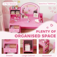 Qaba Kids Vanity Set, Toddler Dressing Table and Chair Set  with Lighted Mirror, Cabinet, Drawer and Shelves, Pink(m-6)