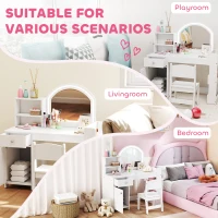 Qaba Kids Vanity Set, Toddler Dressing Table and Chair Set  with Lighted Mirror, Cabinet, Drawer and Shelves, White(m-9)