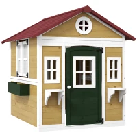 Outsunny Wooden Playhouse for Kids Outdoor with Doors, Windows, Planter Pots and Boxes for Toddlers 3-8 Years, Beige(m-1)