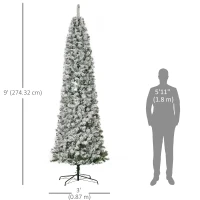 HOMCOM 9ft Pre Lit Christmas Tree Artificial Snow Flocked Pencil Christmas Tree with Warm White LED Light, Holiday Home Xmas Decoration, Green(m-3)