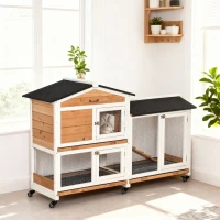 PawHut 62" Wooden Rabbit Hutch with Wheels, Run Box, Tray, Ramp for Small Animals, Guinea Pig, Indoor Outdoor Use, Yellow(m-10)