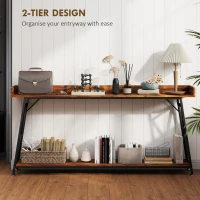 HOMCOM 71" Extra Long Console Table with Storage Shelf and Guardrails, Industrial Entryway Table for Living Room, Rustic Brown(m-4)