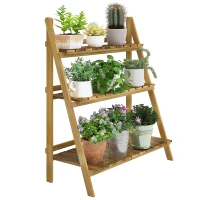 Outsunny Outdoor Plant Stand, Foldable Flower Stand 3-Tier Wooden Plant Shelf for Garden Indoor Outdoor, 32" x 14" x 37"(m-2)