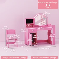 Qaba Kids Vanity Set, Toddler Dressing Table and Chair Set  with Lighted Mirror, Cabinet, Drawer and Shelves, Pink(m-3)