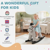 Qaba Kids Rocking Horse, Plush Toddler Ride on Toy with Realistic Sound and Toy for 2–5 Years Old, Gray(m-9)