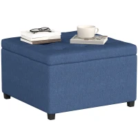 HOMCOM Round Storage Ottoman Bench, Button Tufted Ottoman with Flip Top for Living Room, Entryway and Bedroom, Blue(m-11)