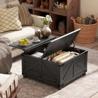 HOMCOM Coffee Table with Lift Top, 32" Farmhouse Center Table with Hidden Compartment for Living Room, Black Wood Grain(m-1)