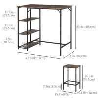 HOMCOM Industrial Dining Table Set for 2, Bar Table and Stools Set, Counter Height Kitchen Table with Chairs with Storage Shelf, Rustic Brown(m-3)