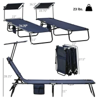 Outsunny Folding Chaise Lounge Pool Lounge Chairs Set of 2, Outdoor Sun Tanning Chairs with Canopy Shade, Reclining Back, Steel Frame and Side Pocket for Beach, Yard, Patio, Dark Blue(m-3)