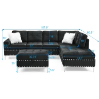 3-Seater Sectional Sofa with Reversible Chaise, Storage Ottoman and Metal Legs, Sofa Bed with Rivet Accents, 107.5" L x 80.5" W x 36" H, Black(m-3)