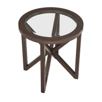 Modern Round Glass Coffee Table with Tempered Glass Top, Solid Poplar Wood Tripod Base, Desk for Living Room, 22" L x 22" W x 22" H, Cherry(m-8)