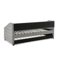 Twin Size Daybed with Pull-Out Trundle and Wingback Arms, Sofa Bed with Diamond-Tufted Backrest, 82.5" L x 42.5" W x 34" H, Grey(m-9)