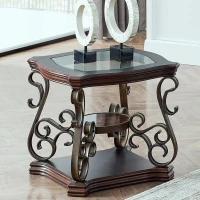 2-Tier Traditional End Table with Powder-Coated Metal Serpentine Legs, Sofa Table with Beveled Glass Top, 26.5" L x 26.5" W x 24" H, Brown(m-1)