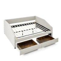 Queen Size Upholstered Daybed with Trundle and Pull-Out Drawers, Sofa Bed with Solid MDF and Plywood Frame, 88" L x 64.5" W x 34" H, Beige(m-10)