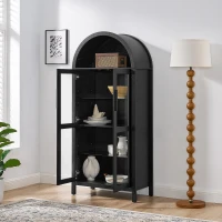 Arched Top Storage Cabinet with LED Light Strip, Adjustable Glass Shelves, Modern Bookcase for Living Room, 30" L x 15.5" W x 67" H, Black(m-5)