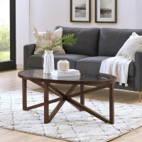 Modern Glass Coffee Table with Solid Wood Tripod Base, Anti-Scratch Curved Edges, Oval Desk for Living Room, 46.5" L x 28.5" W x 18" H, Cherry(m-4)