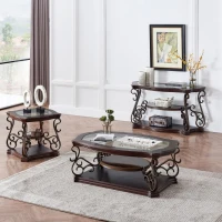 2-Tier Traditional End Table with Powder-Coated Metal Serpentine Legs, Sofa Table with Beveled Glass Top, 26.5" L x 26.5" W x 24" H, Brown(m-4)