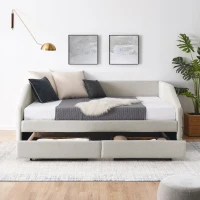 Queen Size Upholstered Daybed with Trundle and Pull-Out Drawers, Sofa Bed with Solid MDF and Plywood Frame, 88" L x 64.5" W x 34" H, Beige(m-5)