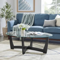 48" Oval Tempered Glass Coffee Table with Tempered Glass Top, Easy-Clean Surface, Center Table for Living Room, 48" L x 30" W x 18" H, Black(m-4)