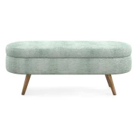 Oval Storage Ottoman Bench with Foam Cushion and Sturdy Rubberwood Legs, Multi-Use Footstool for Bedroom, 43.5" L x 16" W x 16" H, Cyan(m-2)