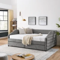 Queen Size Upholstered Daybed with Pull-Out Trundle and Storage Drawers, Assembly Required with All Tools, 88" L x 64.5" W x 34" H, Grey(m-4)