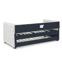 Twin Daybed with Trundle, Button Tufting and Nailhead Trim, Sofa Bed with Foam-Padded Back and Arms, 85" L x 42.5" W x 31.5" H, Beige(m-10)