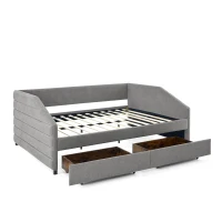 Queen Size Upholstered Daybed with Pull-Out Trundle and Storage Drawers, Assembly Required with All Tools, 88" L x 64.5" W x 34" H, Grey(m-9)